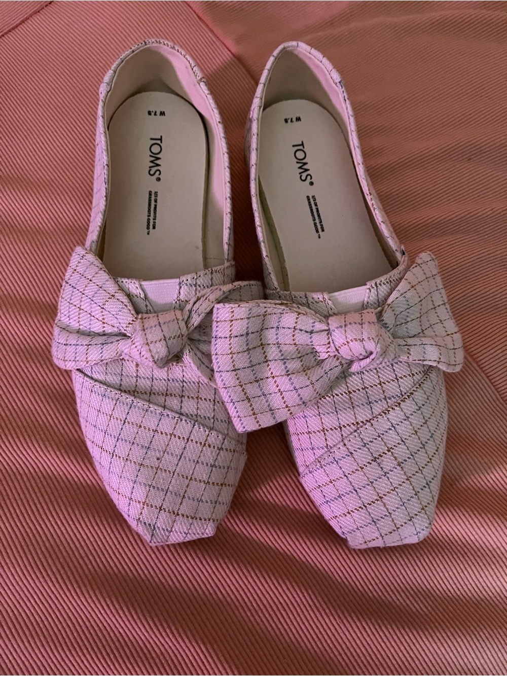 TOMS Pink Plaid Bow-Accent Slip-On Flats